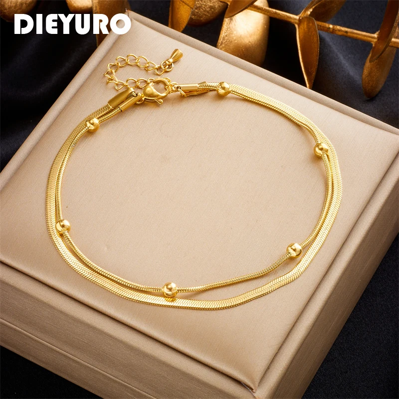 DIEYURO 316L Stainless Steel Gold Color Double-Layer Anklets For Women Girl New Trend Leg Chain Waterproof Jewelry Gift Party