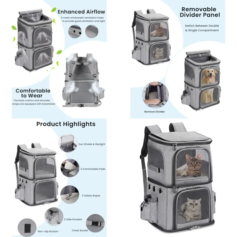 

Double-Compartment Pet Carrier Backpack for Small Cats and Dogs, Cat Travel Carrier for 2 Cats, Perfect for Traveling/Hiking/Ca