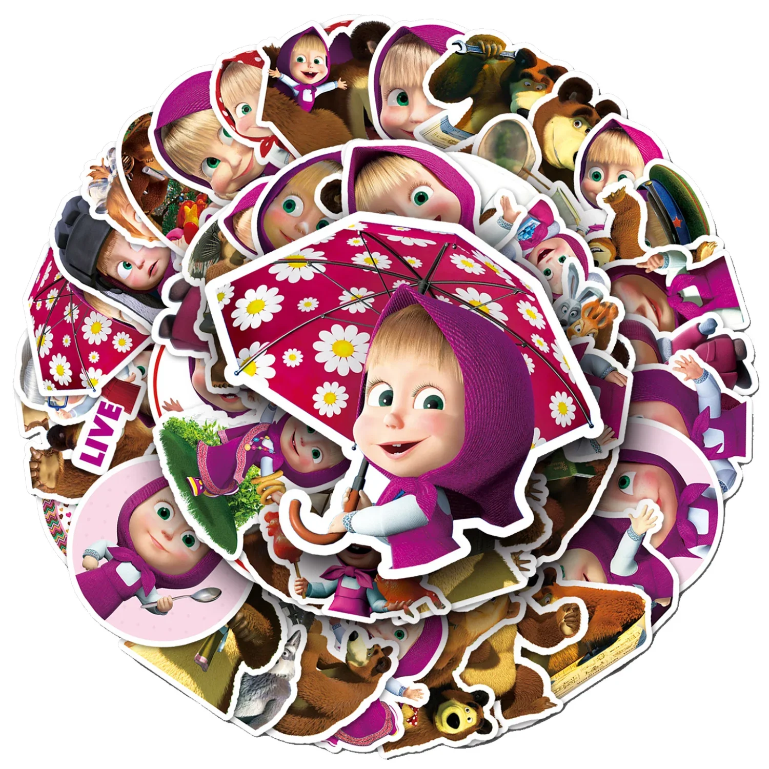 Mashas and The Bear Stickers 50pcs Set Kawaii Cartoon Waterproof Sticker Girls DIY Notebook Fridge Decoration Supplies Kids Gift