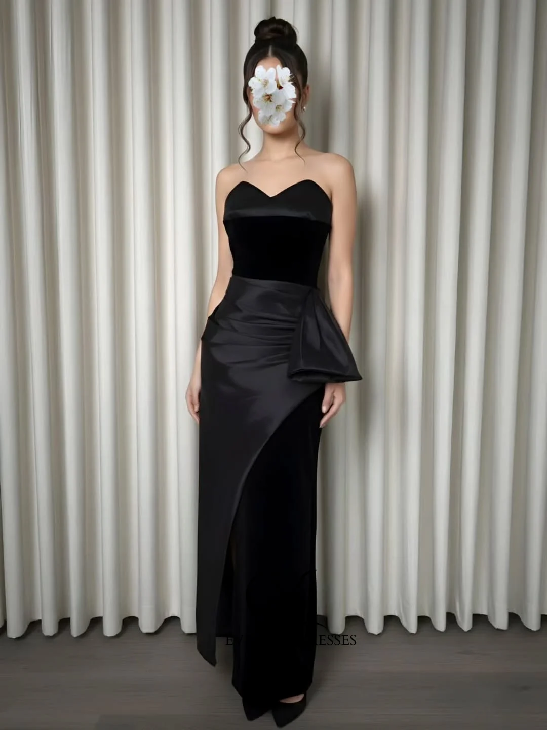 CUYUN Customized Straight Black Prom Gown Strapless Side Slit Evening Gown Floor-Length Patchwork Women Party Gown for Banquet