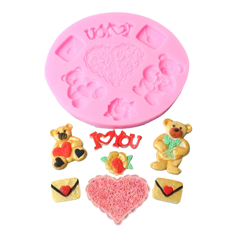 Preciosos moldes de silicona con forma de corazón y oso de dibujos animados para decoración de pasteles, molde de pastelería de Chocolate y Fondant, herramientas de arcilla polimérica H660