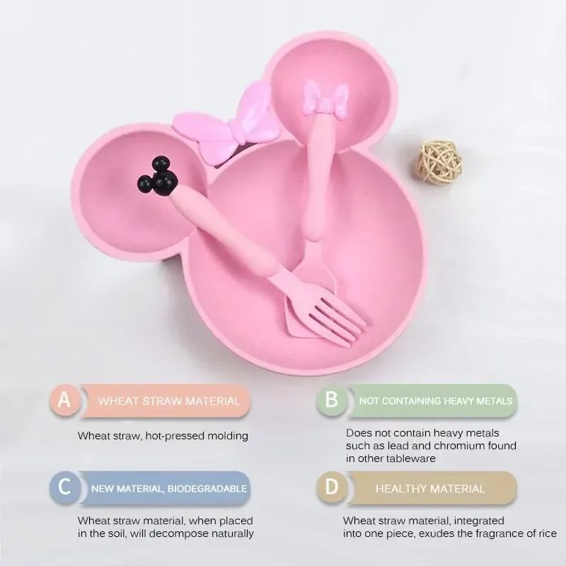 3Pcs/set Cartoon Baby Bowl Tableware Set Wheat Straw Children\'s Dishes Kids Dinner Feeding Plate Bowknot Food Plate Spoon Fork