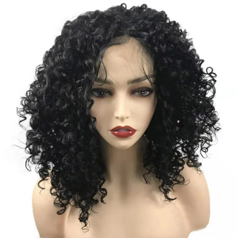 Moda feminina peruca africano pequeno cabelo encaracolado frente do laço curto encaracolado peruca preto mudança gradiente peruca de fibra química