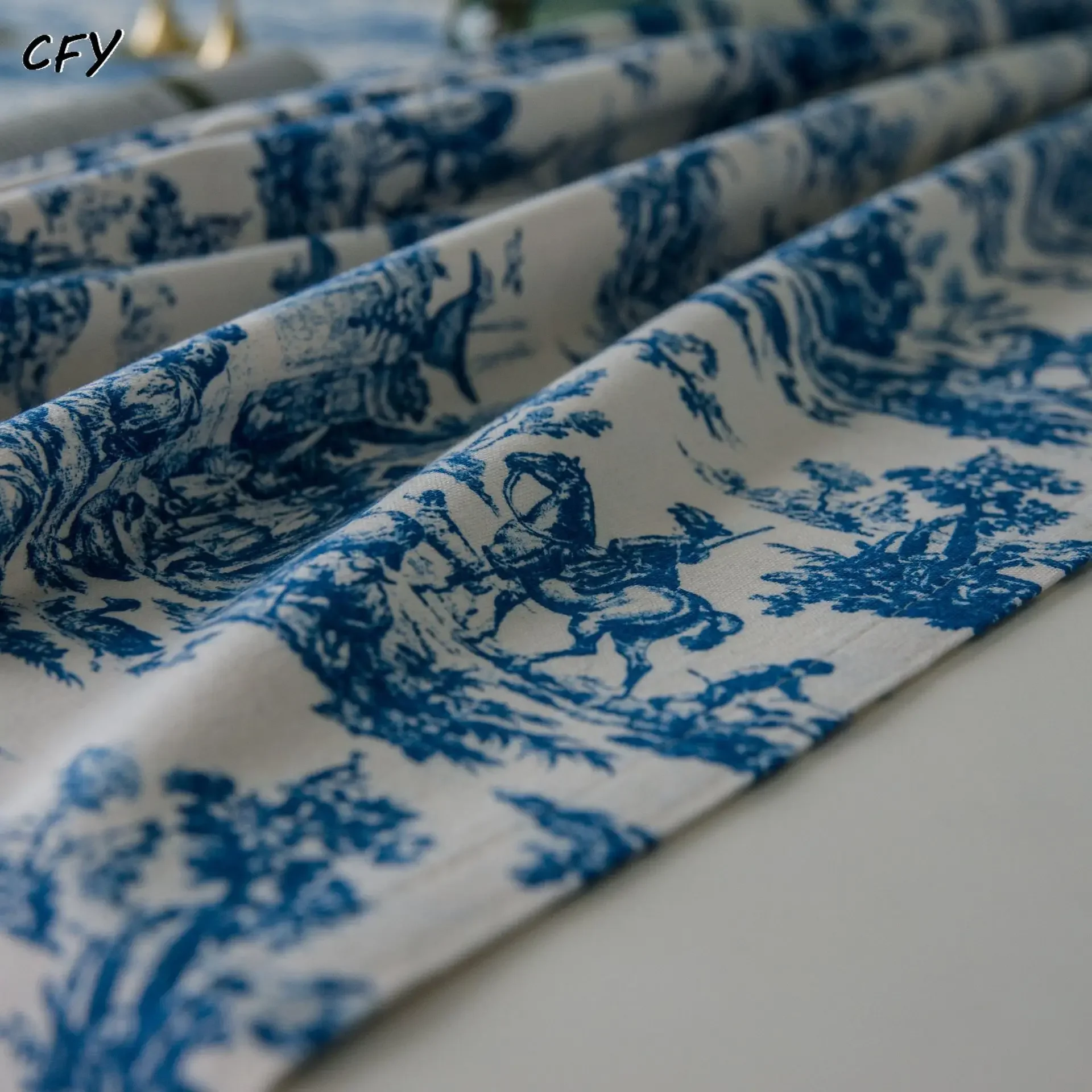 Cotton Linen Retro Blue Korean Print Ink Tablecloth Rectangular Table Cloth Kitchen Table Map Towel Tablecloth Room Decoration