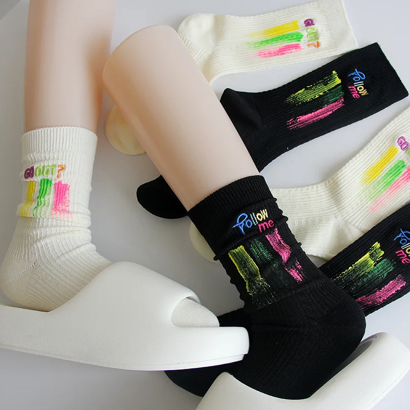 10 Pairs Of Socks Women's Socks Trend Stacking Socks Splash Ink Graffiti Letters Embroidery Sports Socks