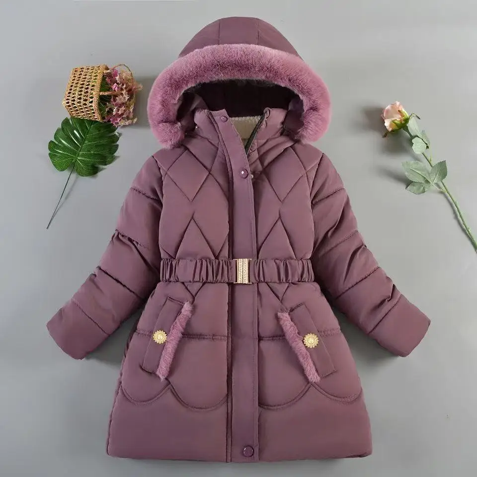 -20°C Winter New Plush Girls Jacket Long Solid Color Plush Padding Hooded Coat For 5-10Y Teen Girls Thick Warm Down Snowsuit