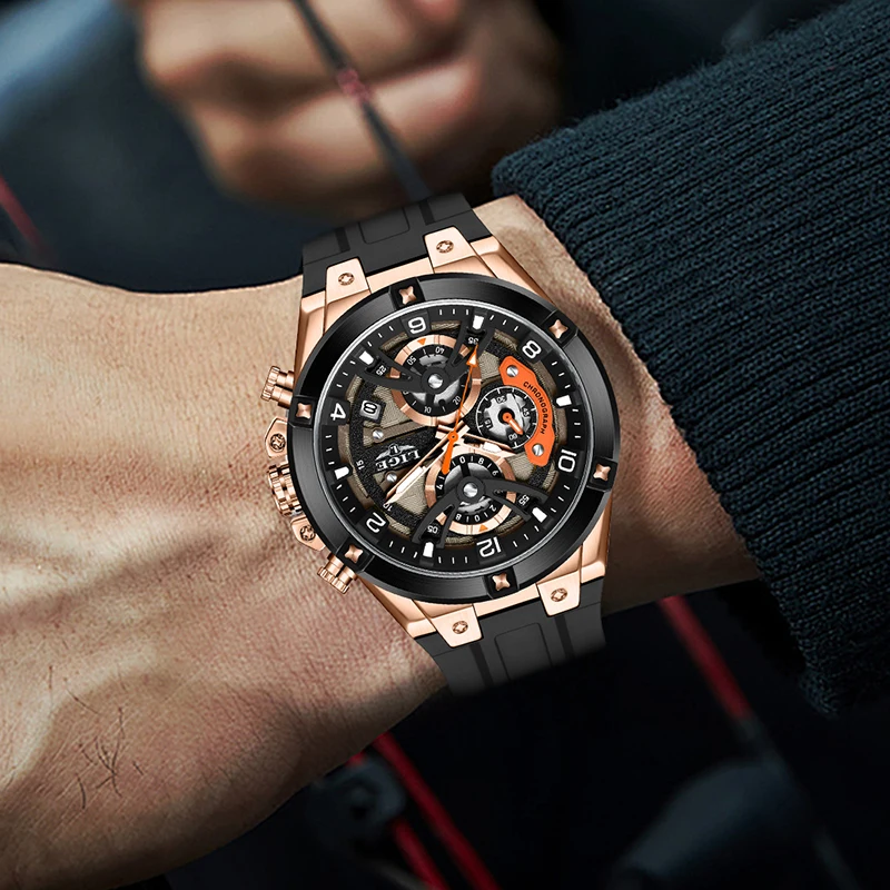 ساعات LIGE مقاومة للماء للرجال، ساعة يد رياضية عسكرية عصرية للرجال من أفضل العلامات التجارية الفاخرة باللون الأسود من السيليكون كرونوغراف كوارتز