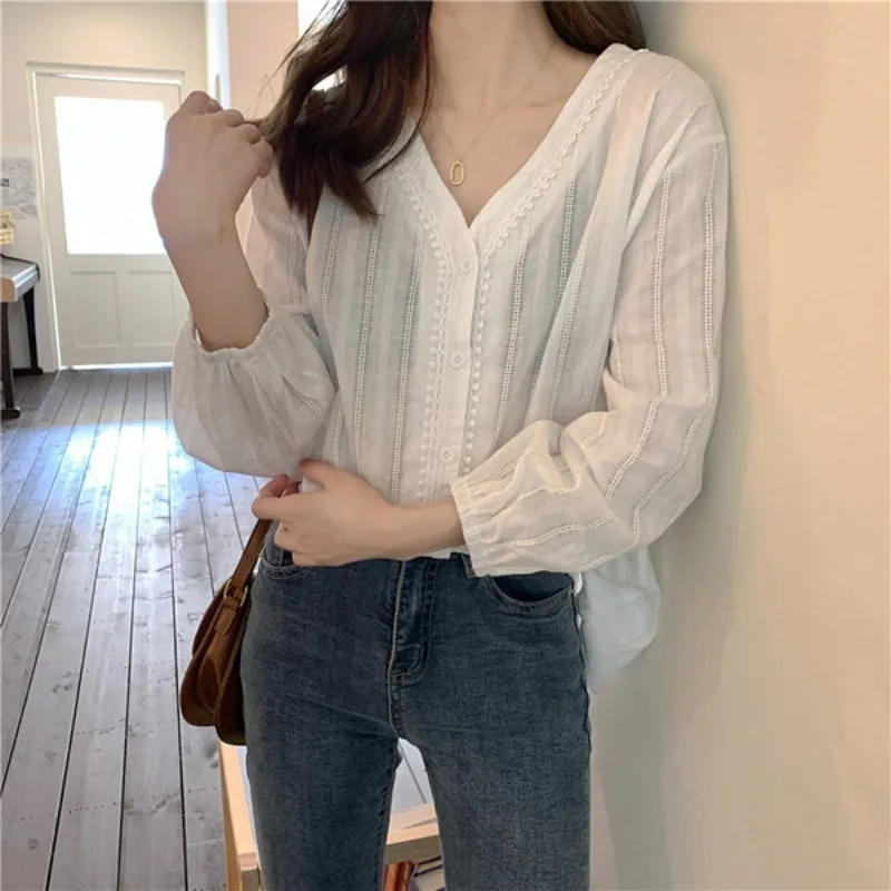 V-neck Long Sleeve Shirts Women Loose Fit Daily Korean Fashion Popular Students Ins Sweet Harajuku Spring Casual Minimalist Y2k