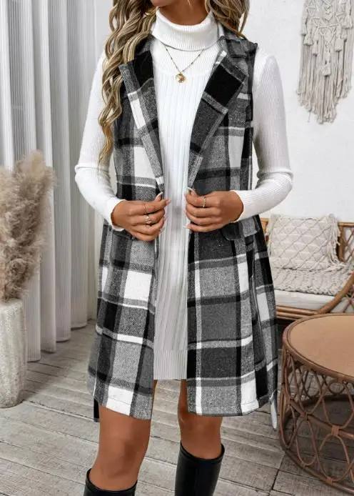 2025 Autumn New Casual Commuting Retro Style Lace Up Lapel Plaid Women's Vest Jacket