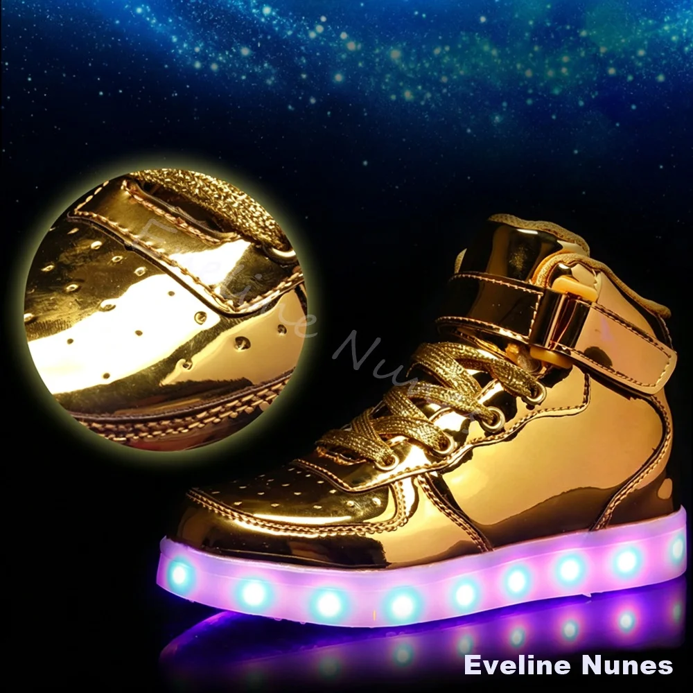 LED Glowing High Top Sneakers Men Gold Flashing Light Up Hook & Loop Casual Shoes Children Dancing Party Cosplay Holiday Gift