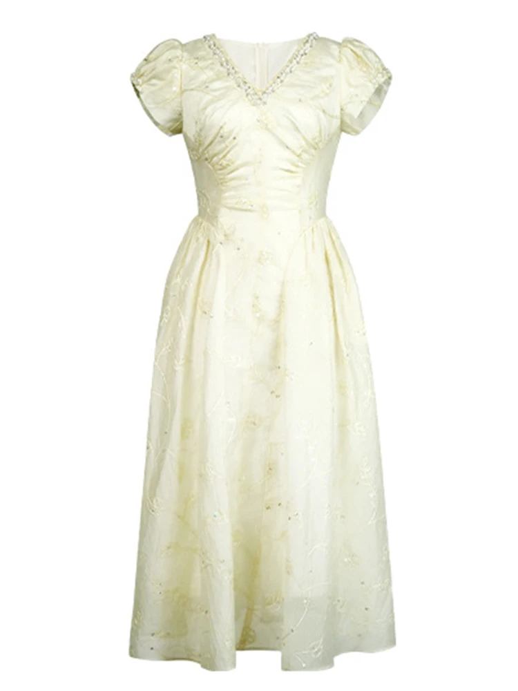 Dolce vestito da partito ricamato di lusso squisito diamante bordato di perle con scollo a V altalena abito femminile Fairycore estetico abiti da ballo