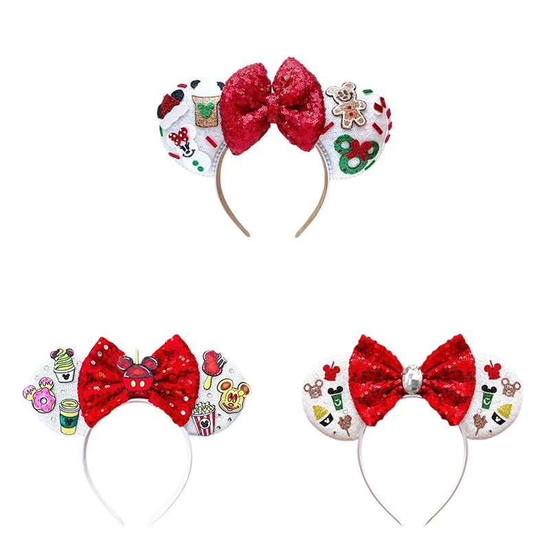 

Christmas Minnie Mickey Mouse Hair Accessories Girls Carnival Disney Red Bow Sequins Headbands Kid Mickey Sundae Hairband Women