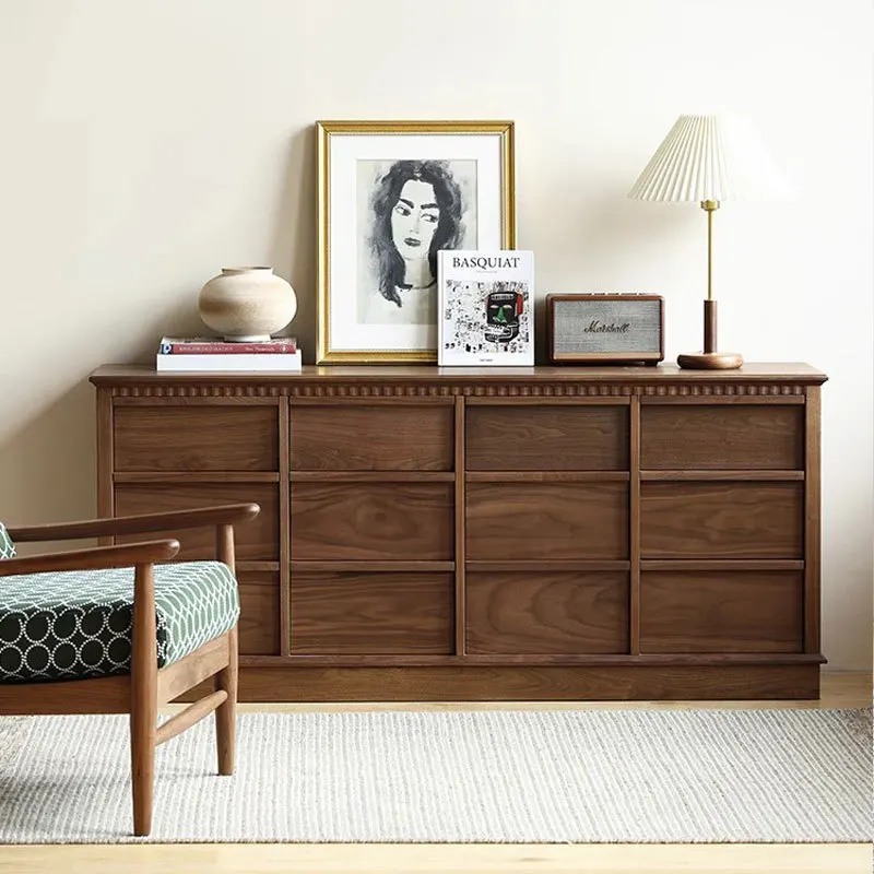 Nordic solid wood black walnut retro style 12 chest modern simple log skeleton line bedroom storage