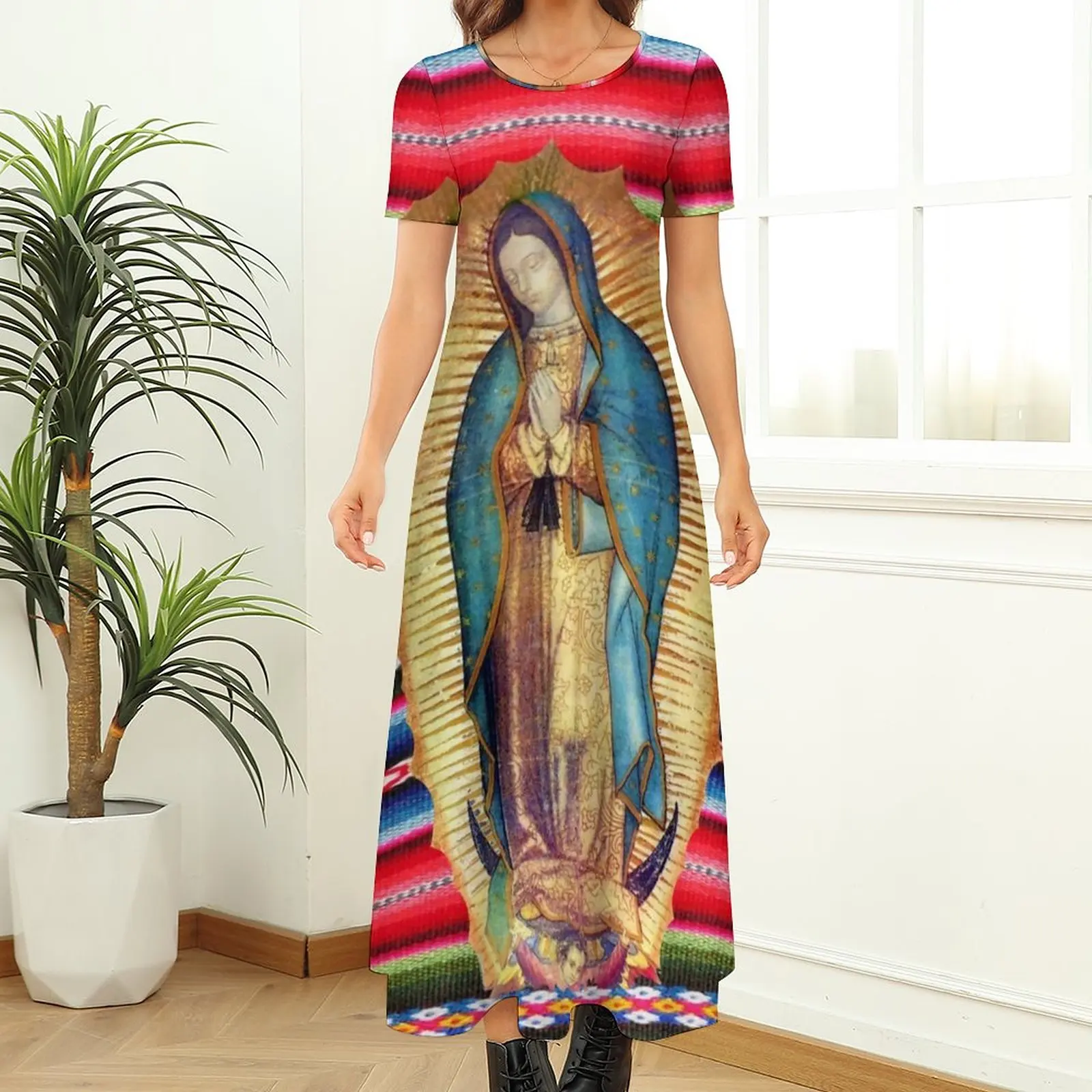 Virgin Mary Print Dress Our Lady of Guadalupe Street Wear Bohemia Long Dresses Woman Modern Maxi Dress Birthday Gift