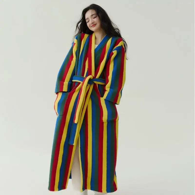 Thickened Flannel Robe Pants Pajamas Set Autumn Winter New Couple Coral Velvet Women Men Bathrobe Striped Lengthed Home Clothes