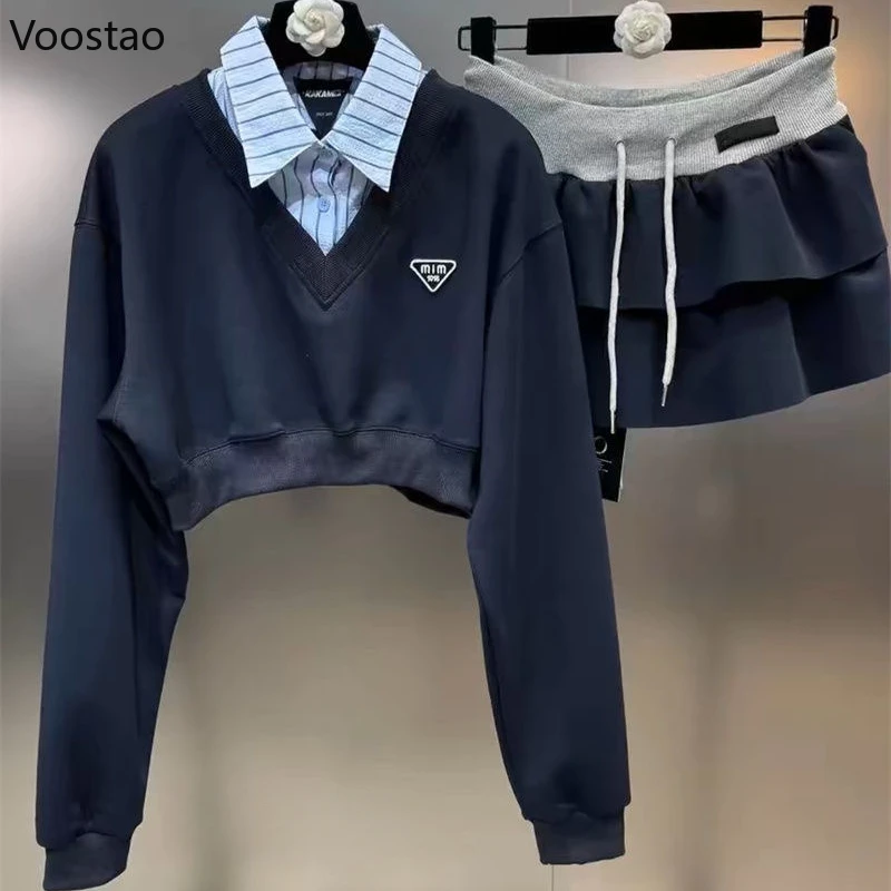 Vintage Y2k Two Piece Set Autumn Women Preppy Style Cropped Hoodie Top Mini Cake Skirt Suit Korean Female Casual Fashion Outfits