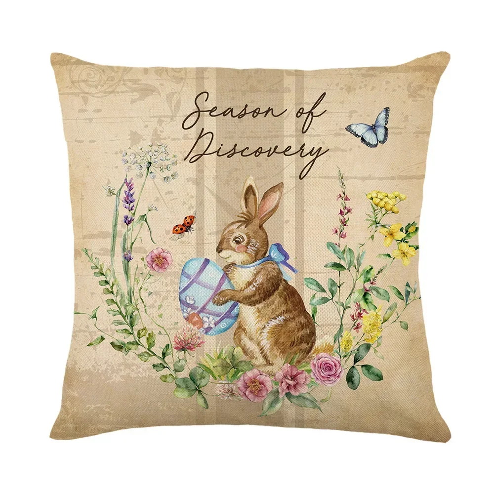 Funda de almohada de Pascua, funda de almohada con forma de huevo de conejo, decoración del hogar de granja de primavera, funda de cojín con flores, pájaros, mariposas, fundas de almohada de Pascua