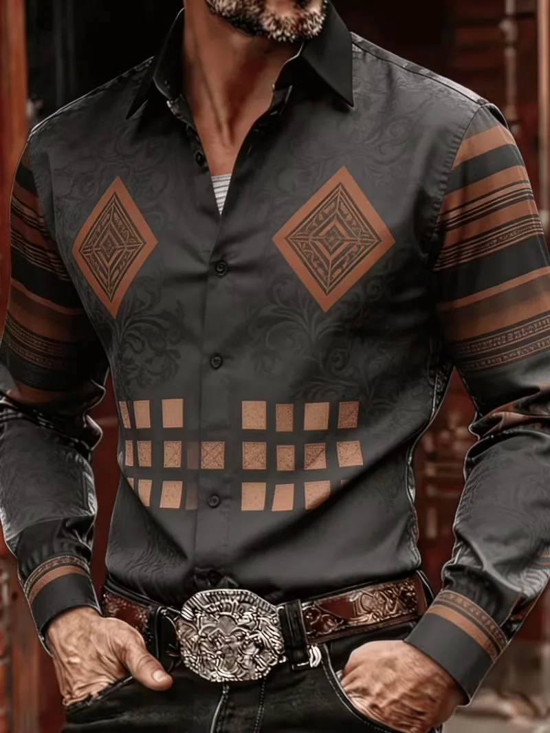 New Retro Diamond Grid Dark Pattern Western Shirt Business Light Luxury Men's Slimming Long Sleeve Shirt