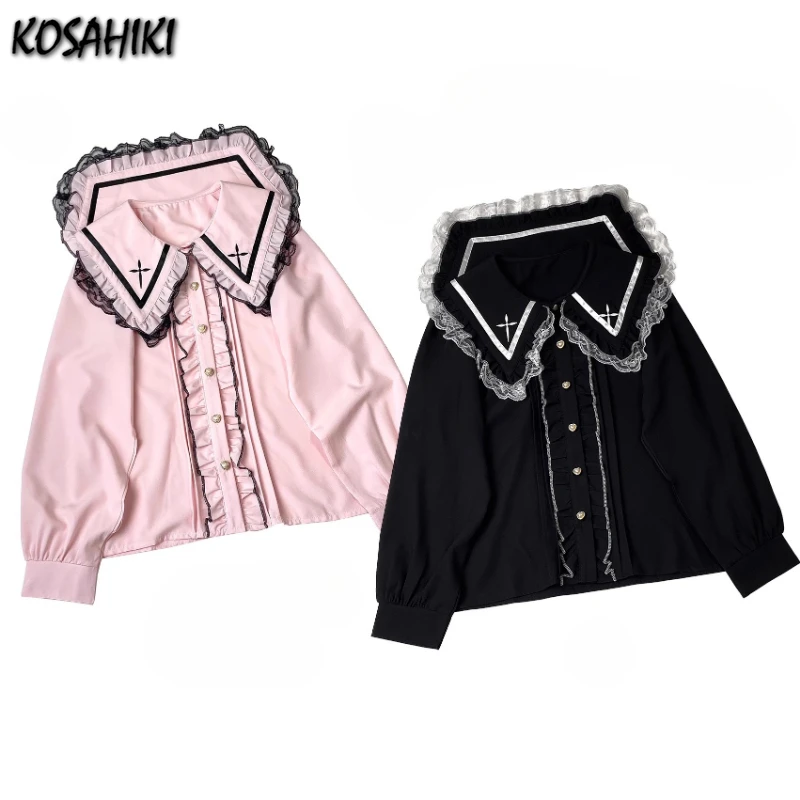 

Japanese Sailor Collar Girl Lolita Shirt 2025 Y2k Aesthetic Lace Patchwork Blouse Women Harajuku Single Breasted Ruffled Blusas
