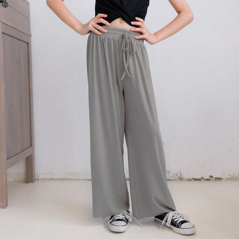 Summer Ice Silk Girls Panst Kids 2022 New Casual Solid Trousers Children Clothes Mid Elastic Waist Drawstring Wide Leg Pants