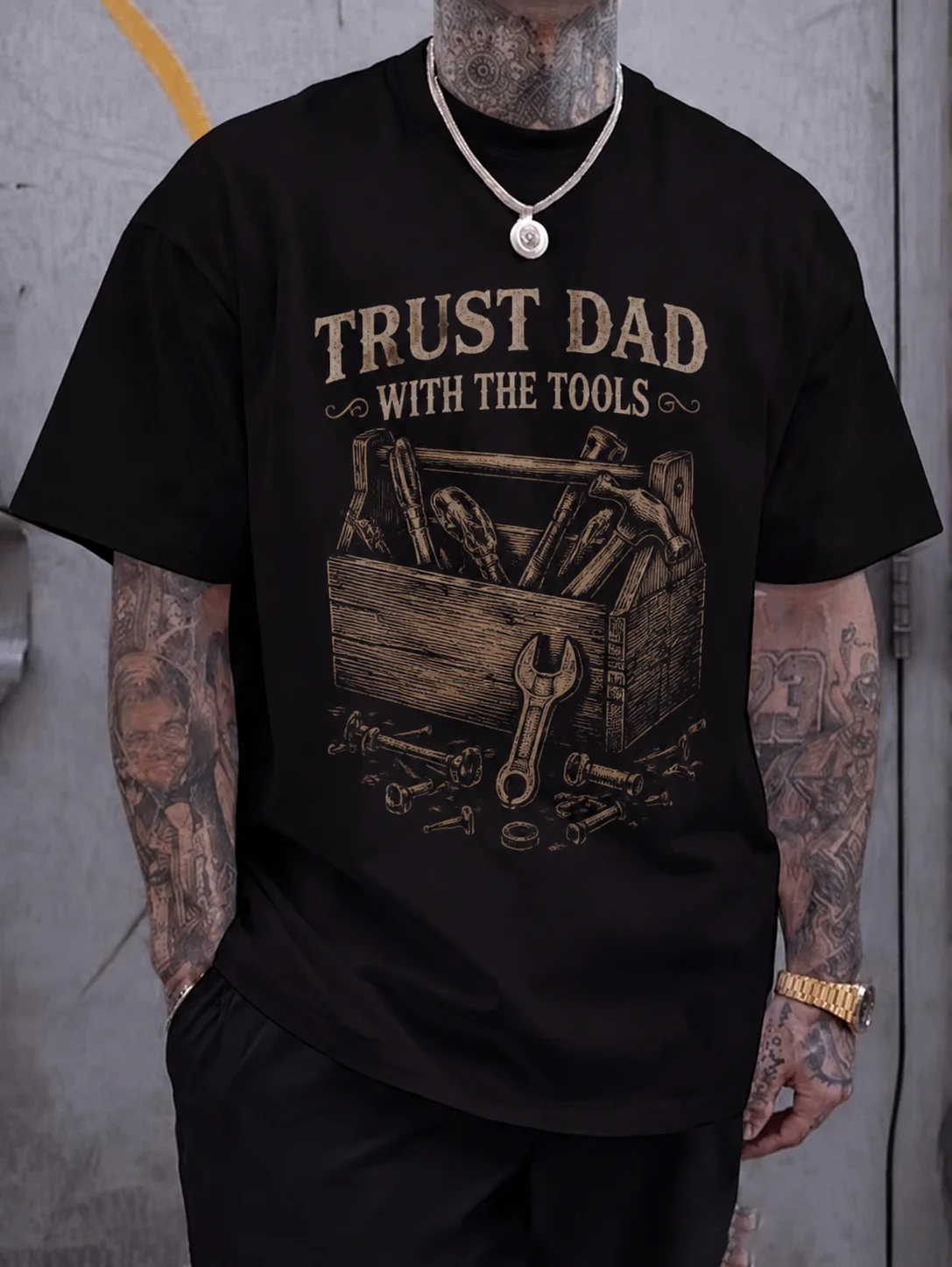 

Men Graphic Tee Short Sleeve Classic Fit Dad Toolbox Vintage Retro Print with Wrench Illustration Workshop Streetwear Outdoor