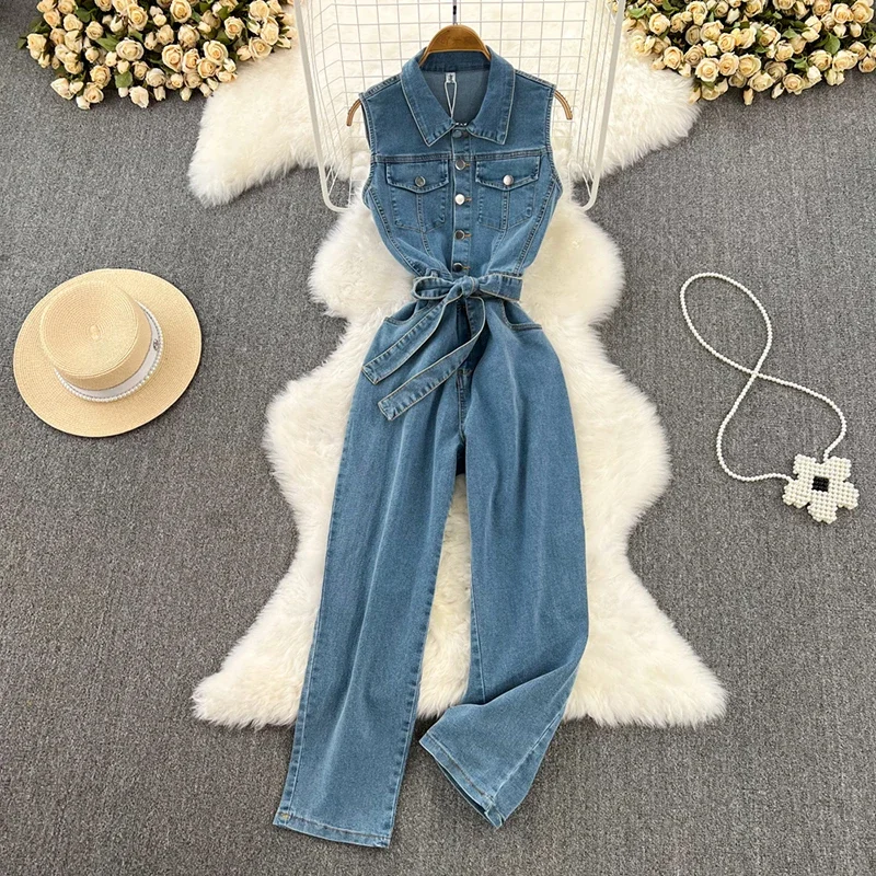 

Chic Women Retro Single Breasted Lace Up Slimming Straight Wide Legs Denim Pants Jumpsuit Cowboy Playsuits Jeans Overall Rompers