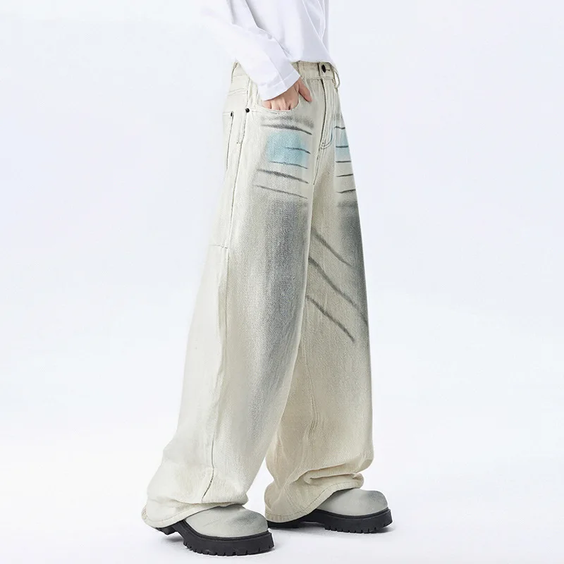 【Mirrordust】Pantalones tipo farol pintados a mano con grafiti americano, pantalones vaqueros lavados, pantalones de pierna ancha holgados estilo cimitarra de otoño para hombre