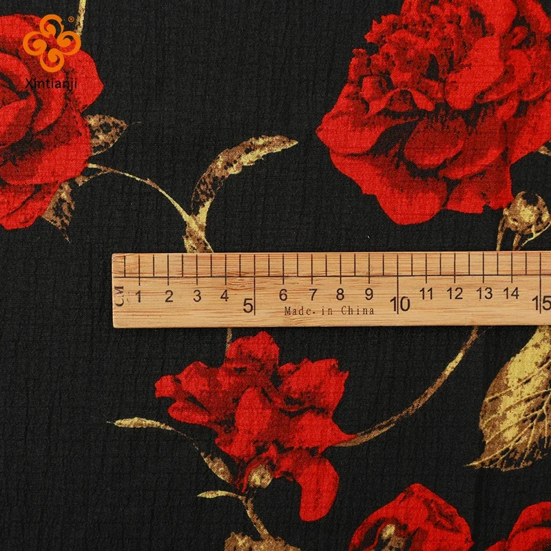 Printed Chiffon Fabric For Sewing Red Rose Floral Black Fabrics For Elegant Dresses By Meters 59 Inch Wide Soft Not See Through