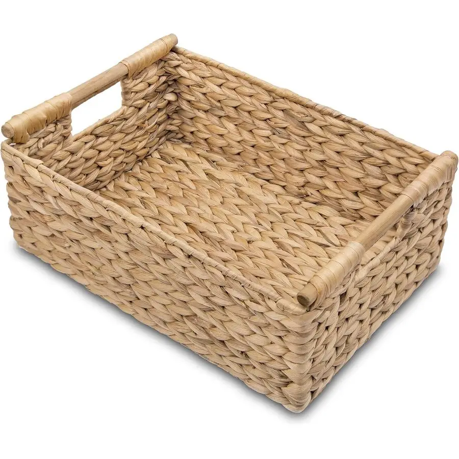 

Rectangular Wicker Basket Premium Water Hyacinth Storage Basket with Builtin Wooden Handles for Home Organization, Shelf Organi