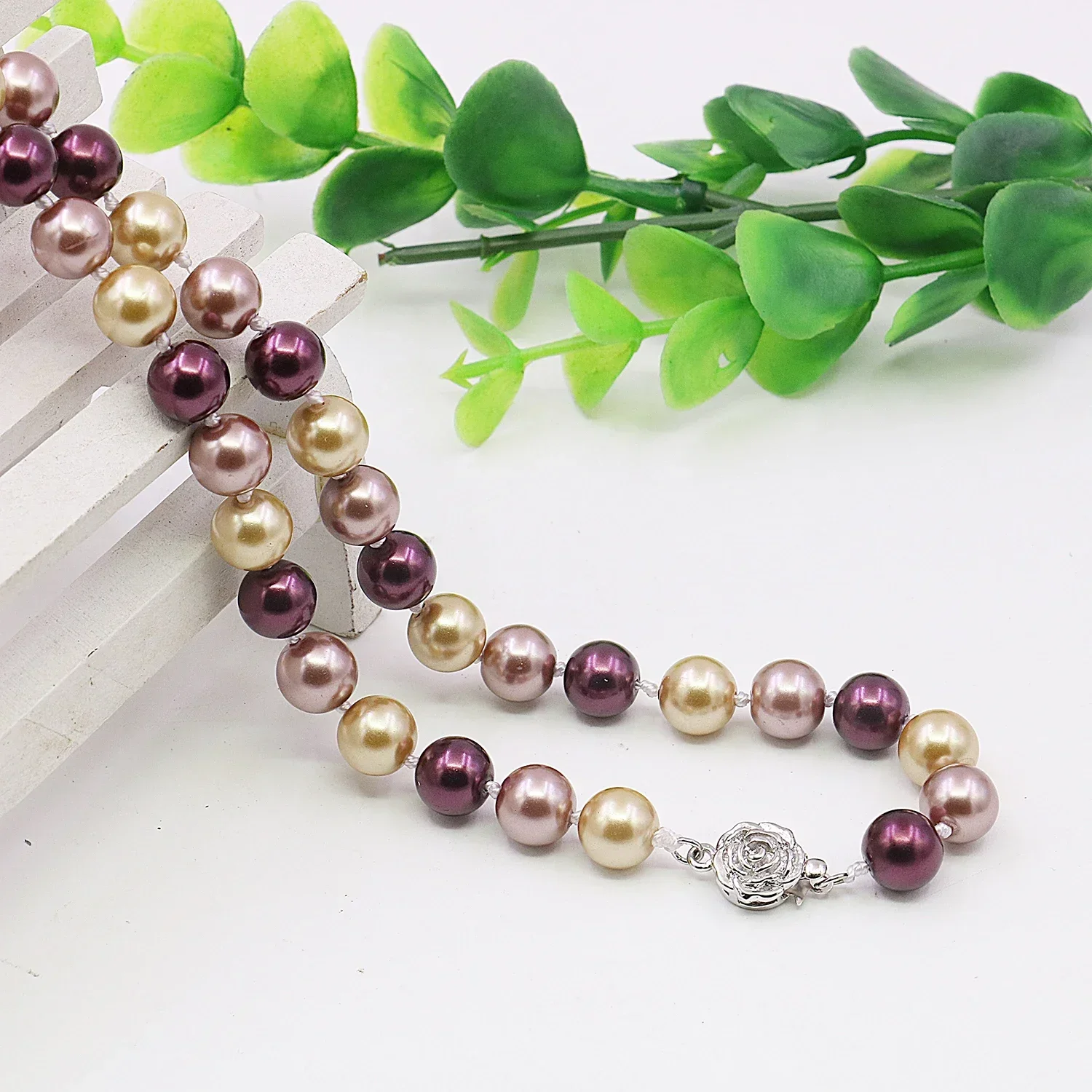 8mm Purple/Brown/Yellow 3 Color Shell Pearl/Stud Earrings Necklace Set, Classic Clasp,Women\'s Jewelry Making/design,Party Gifts