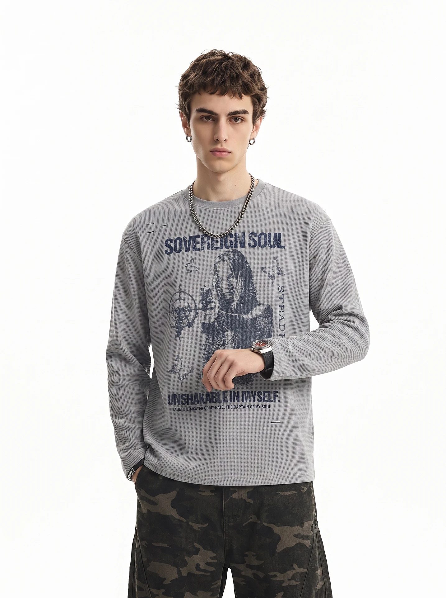 BETEBULE American High Street Long Sleeve T-Shirt Men's Autumn Subculture Short Wide Wafer Print Casual Comfortable Top