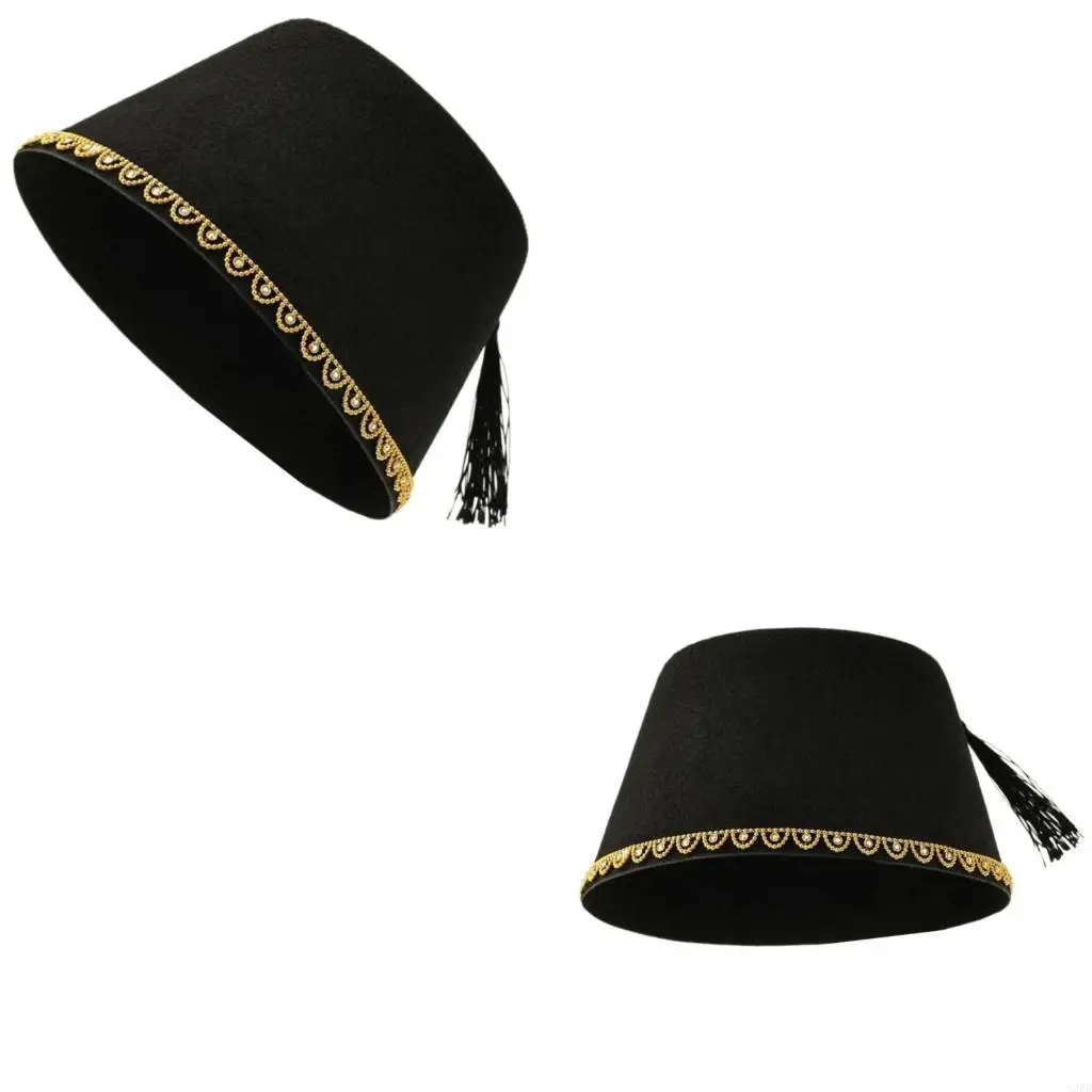 

Men’s Moroccan Fez Hat Beaded Trim Turkish Hat Ottoman Tarboosh Hat with Black Tassels Ethnic Turkish Hat for Daily Wear