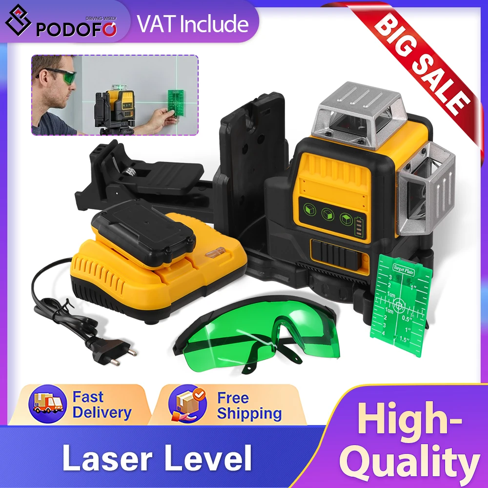 Nivel Láser Podofo 3D 360 Grados Vertical, 12 Líneas, IP65, Luz Verde Horizontal, con Batería de Litio de 12V