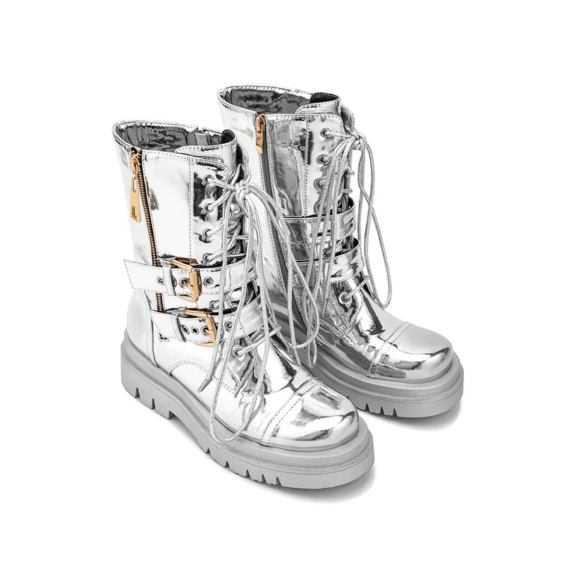 2026 Silver Belt Buckle Cross Strap Rhinestone Short Boots Casual Motorcycle Thick Sole Knight Boot Women Winter Silver Shoes