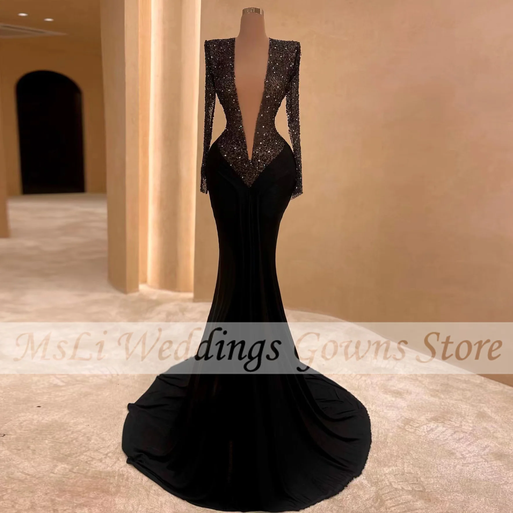 

Sparkly Formal Black Mermaid Prom Dress Sequined Long Sleeve Deep V-Neeck Sexy Celebrity Party Evening Dresses Robe De Soirée