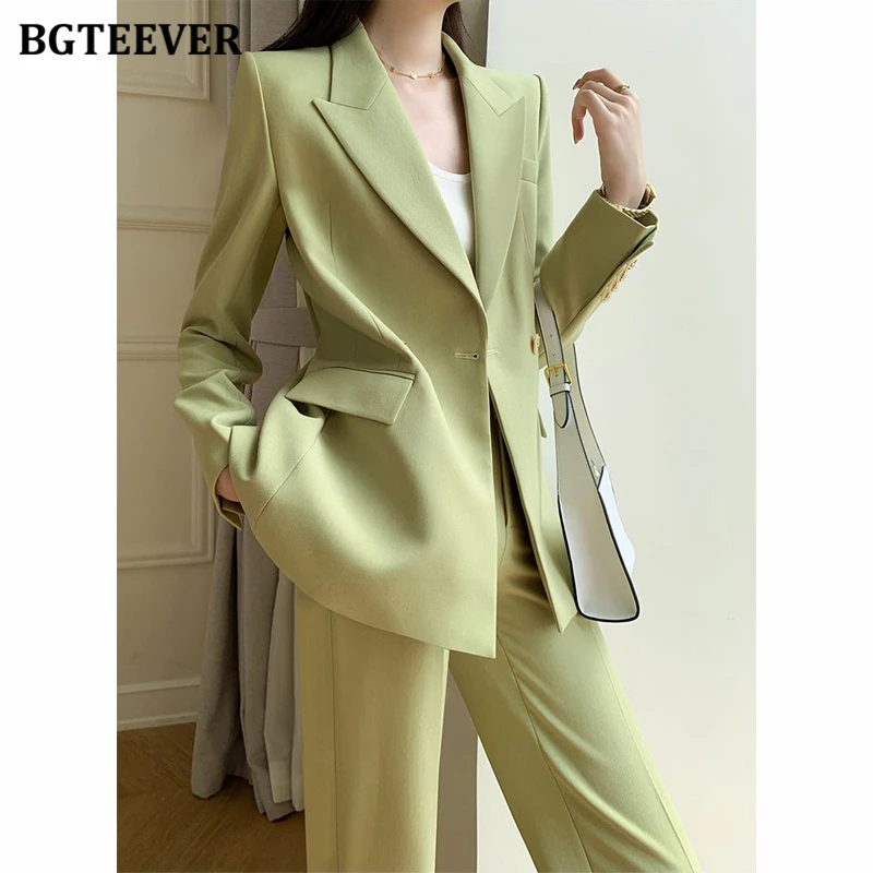 BGTEEVER Autumn Pants Suits Women Slim Waist Blazer Jacket & High Waist Trousers Elegant Ladies Outfits 2 Pieces