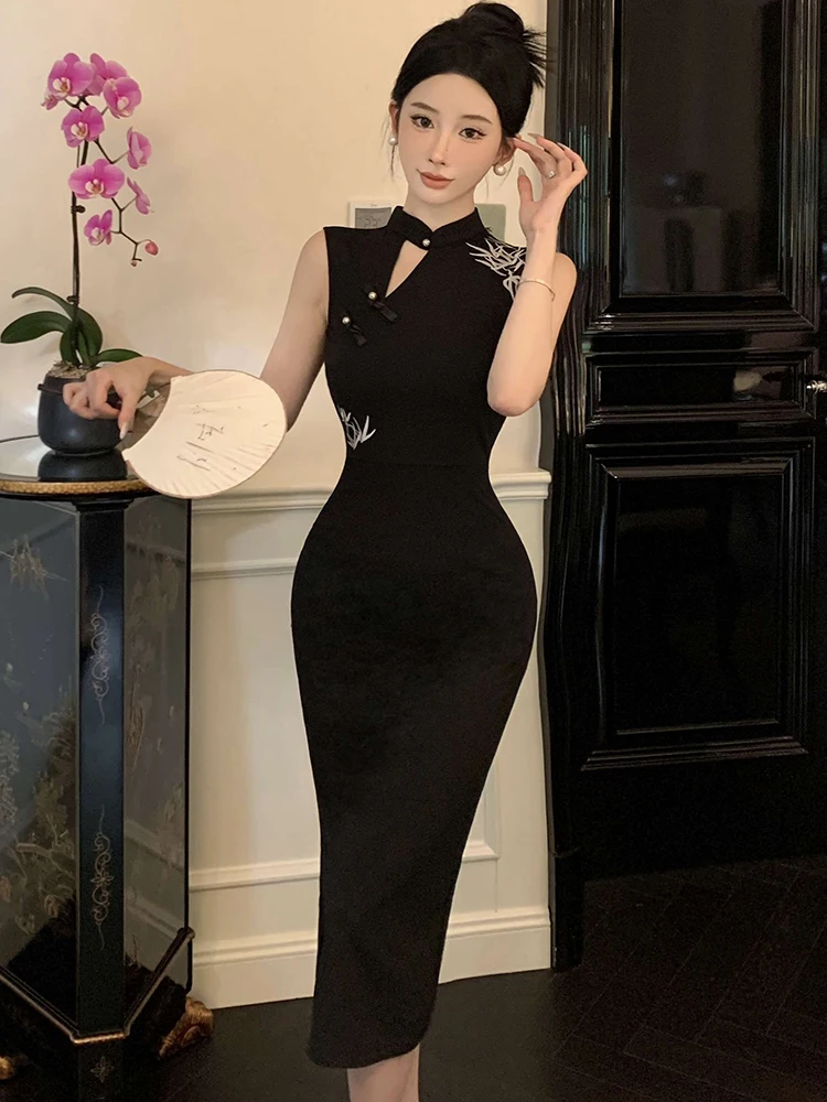 Summer Black Elegant Embroidery Stand Collar Dress Women Fashion Bodycon Sleeveless Dress 2025 Korean Vintage Hepburn Prom Dress