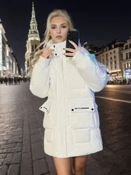 Chaqueta de plumón de algodón para mujer, parka holgada con cremallera, abrigo cálido con capucha, color blanco, 2024