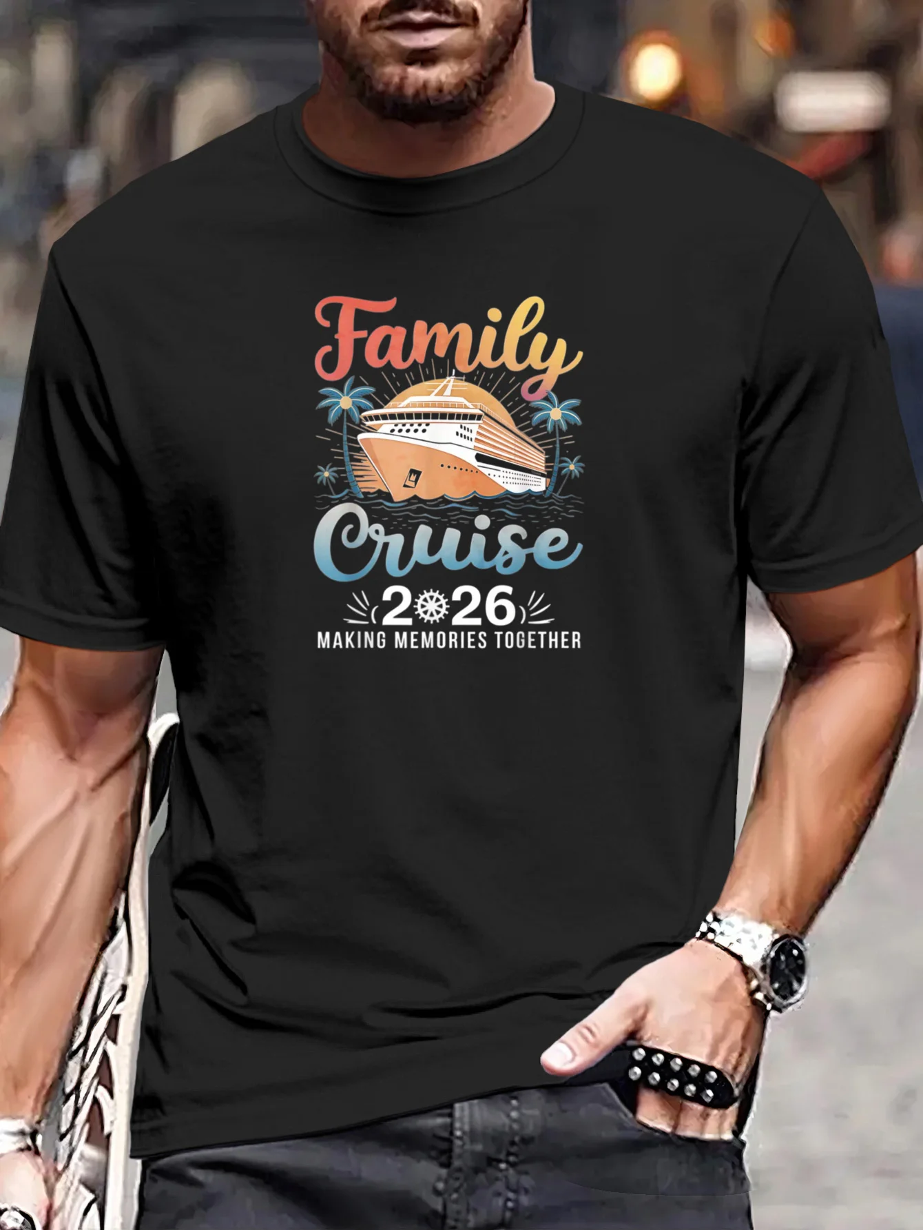 

Retro Palm Trees Cruise Ship Beach Nautical Parties Vacation T-Shirt 100% Cotton O-Neck Short Sleeve Summer Casual Mens T-shirt