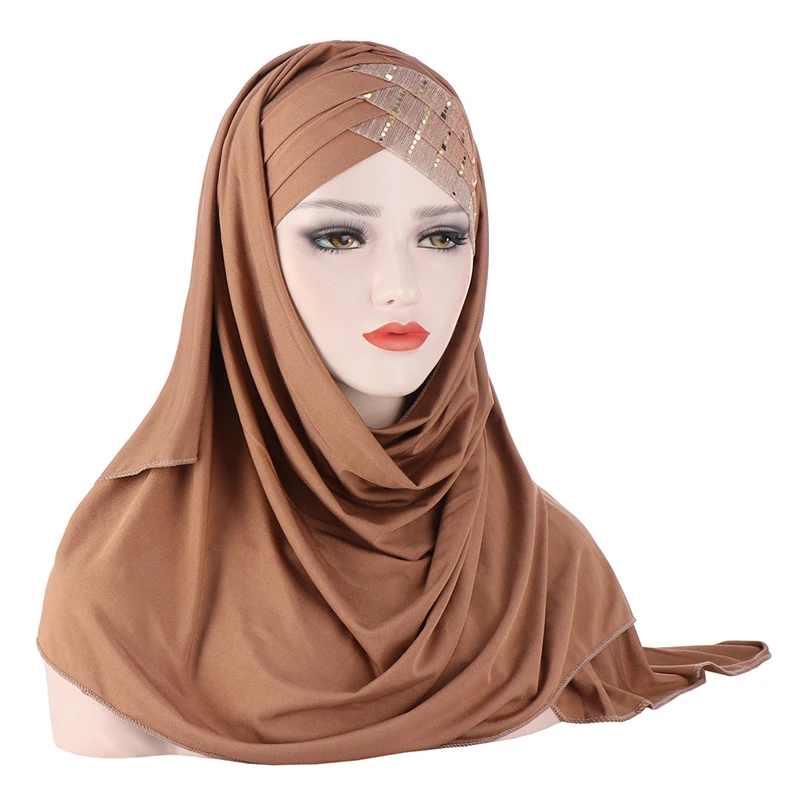 

Women's Muslim Headscarf Hat Solid Color Hijab Amira Pull on Instant Cap Forehead Sequined Turban Cap Islamic Shawl Headwear