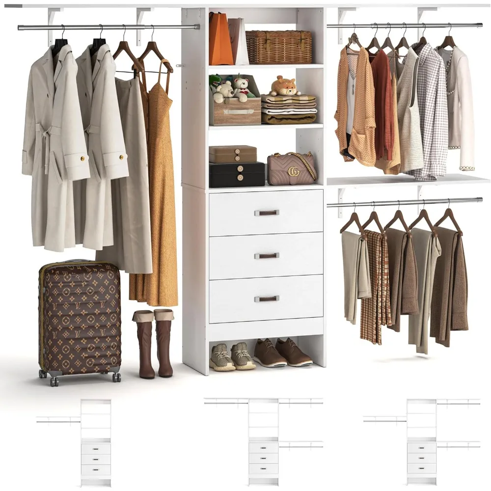 Closet System,Closet Organizer System with 3 Hanging Rods, Wall Mount Bedroom Wardrobe with 3 Drawers Walk-in Closet