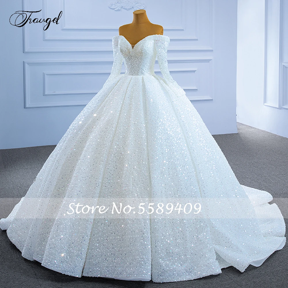 Traugel Ballkleid Luxus Brautkleider Schatz von der Schulter vestido de novia Perlen Langarm Robe de mariee