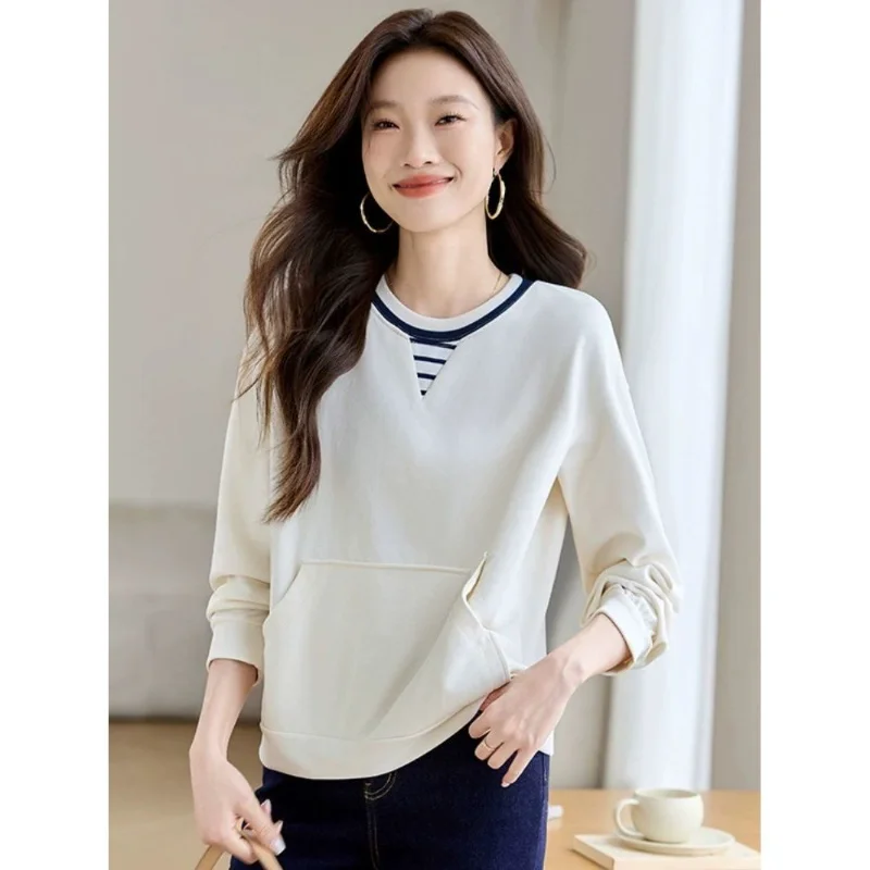 المشمش جولة الرقبة التصحيح طويلة الأكمام البلوز المرأة فضفاضة الراحة تصميم غير رسمي قمة الموضة