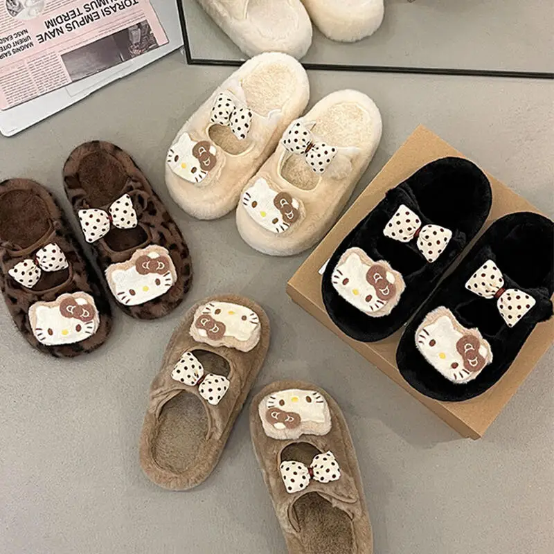 

Домашние плюшевые противоскользящие тапочки Sanrio Hello Kittye, женские осенние и зимние толстые теплые хлопковые тапочки с милыми героями мультфильмов