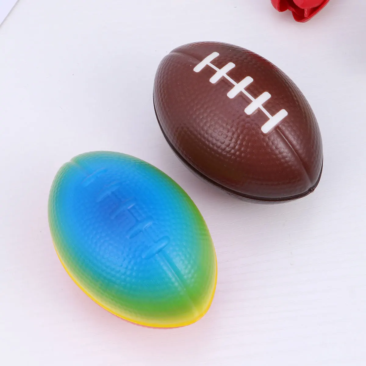 6pcs 9cm Sponge Bouncy Rugby Elastic Colorful PU Jumping Balls Toy for Children Kids (Coffee + Rainbow Color Each )