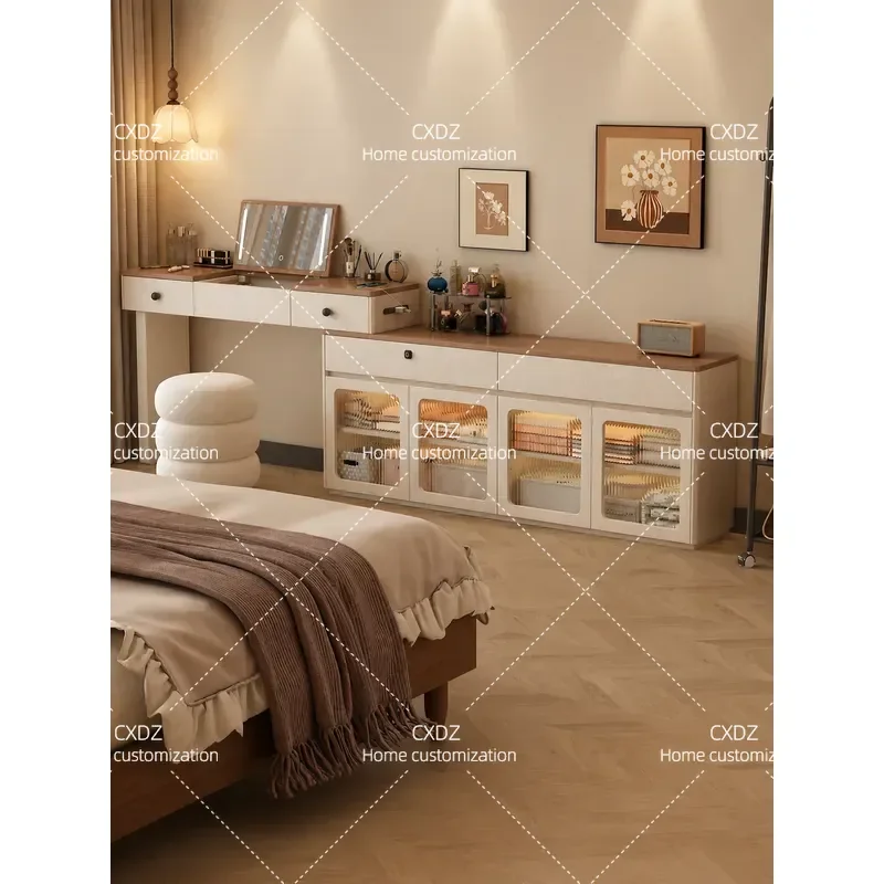 Cream Style Bedroom Dresser with Flip Mirror Ultra Thin Bedside Cabinet Integrated Vanity Table Very Narrow 30cm Storage Unit