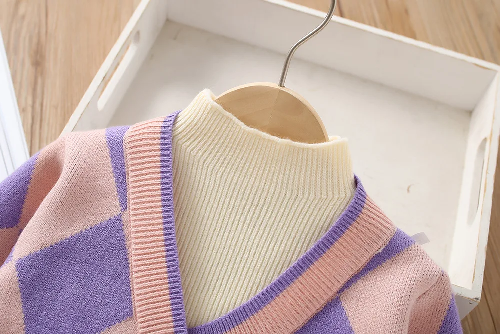 Herbst und Winter neue Mädchen Pullover Set koreanische kurze gestrickte kleine Duft zweiteilige Set Mädchen Baby Vintage Checker Strick-Set – Detail 7