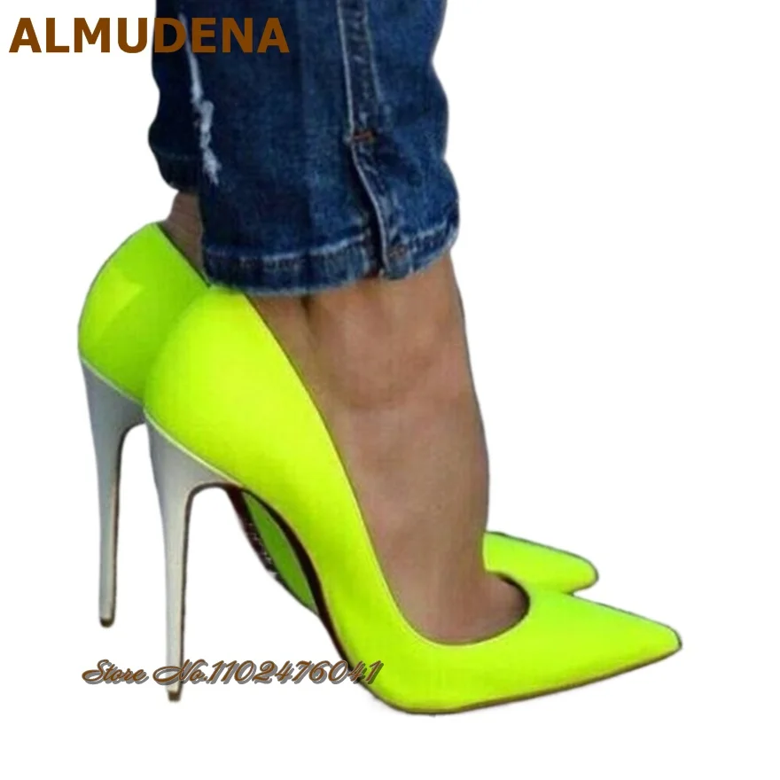 ALMUDENA Scarpe eleganti in denim con tacco alto bianco 12 cm 10 cm 8 cm Verde neon Rosa Décolleté da sposa con punta a punta Slip-On Tacchi poco