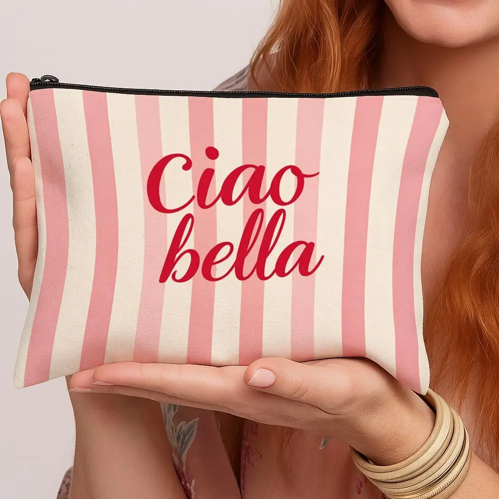 Italian Themed Ciao Bella Makeup Bag Double Sided Pink White Striped Suitable for European Style Organizer Pouch for Travel