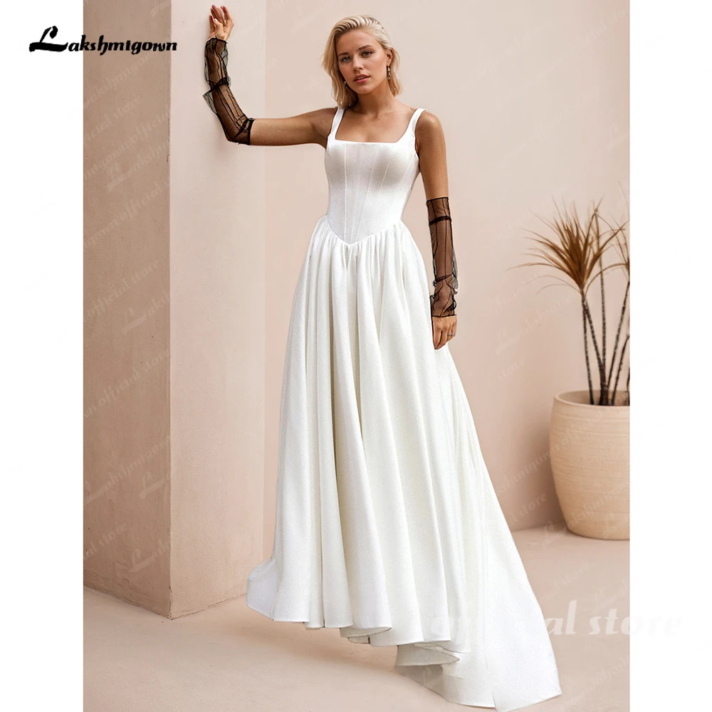 Lakshmigown Satin-Hochzeitskleid mit eckigem Ausschnitt und Taschen, neues schlichtes Korsett-Brautkleid, individuell anpassbar. – Detail 5